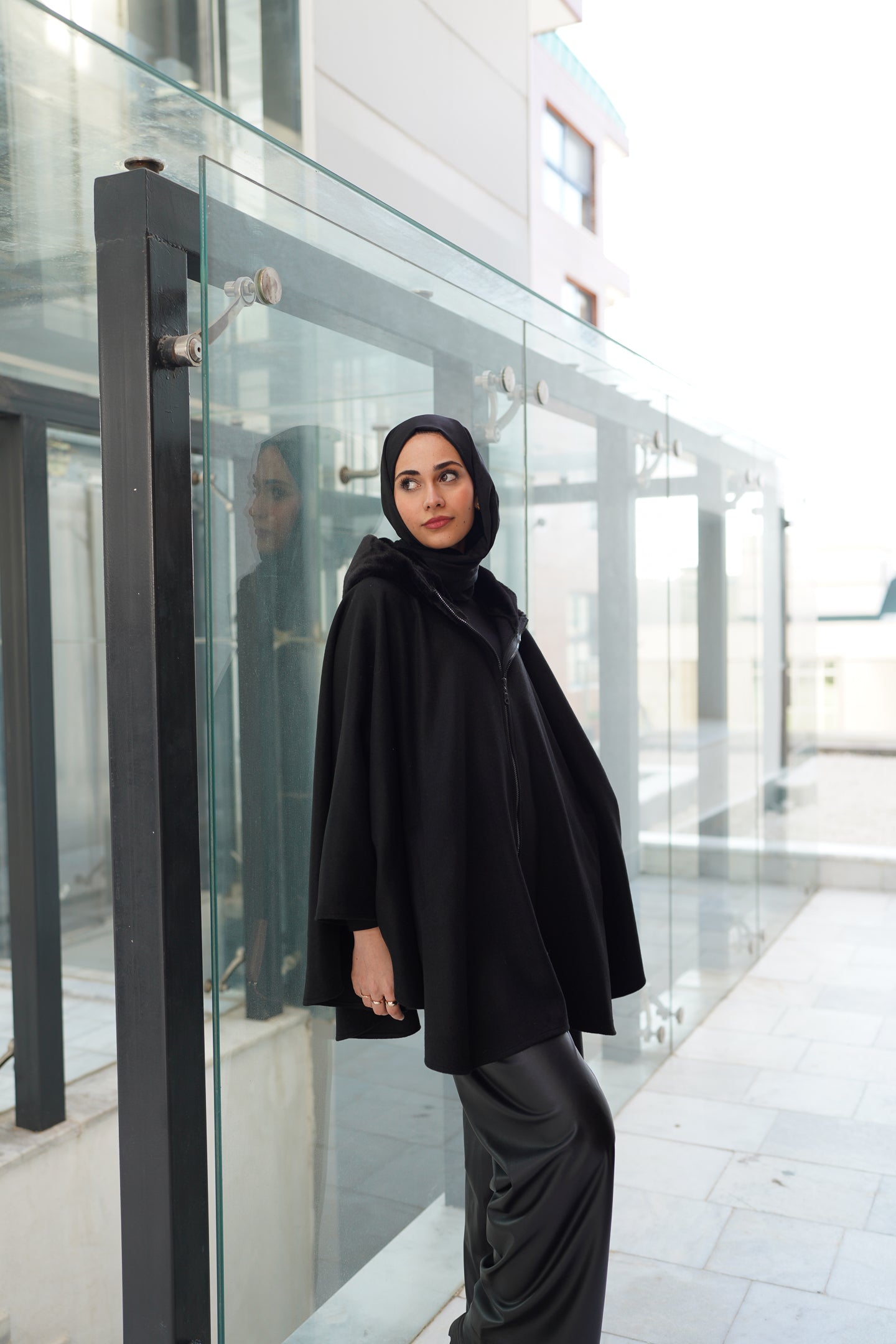 Wool Blend Poncho with Fur Hood