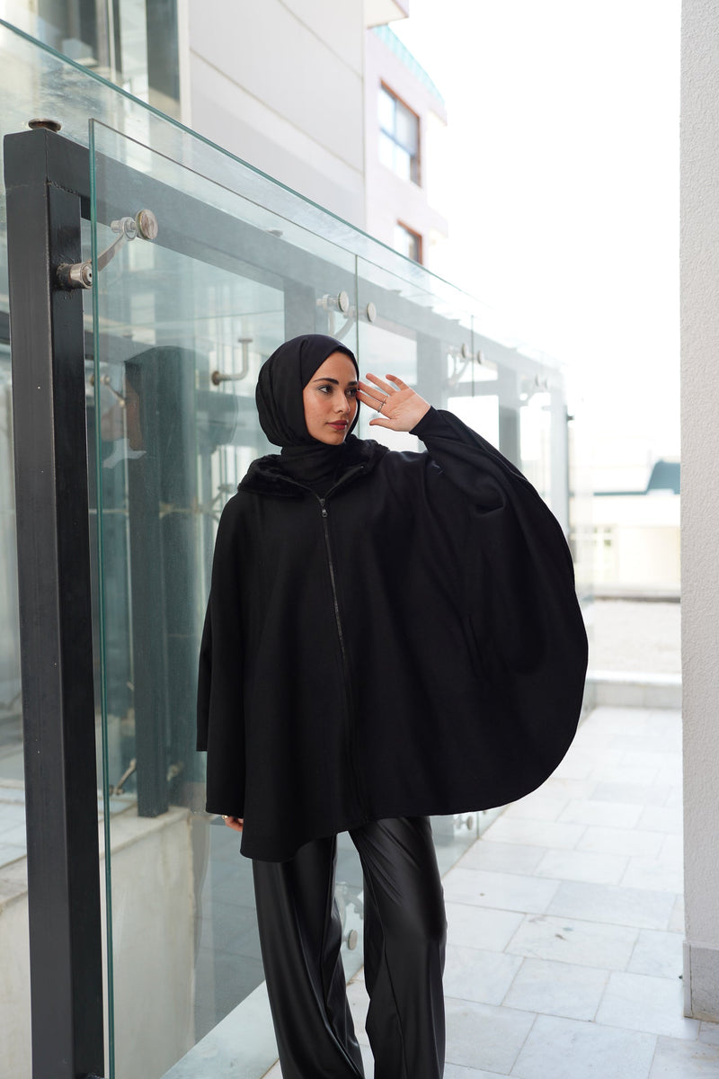 FUR HOODED CACHET PONCHO