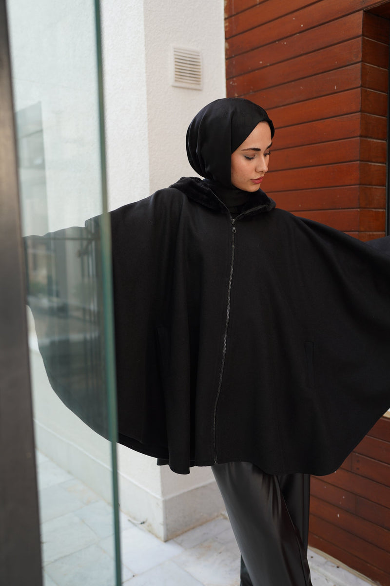 FUR HOODED CACHET PONCHO