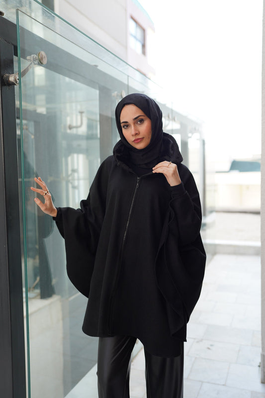 Kürk Kapüşonlu Yün Karışımlı Ponço