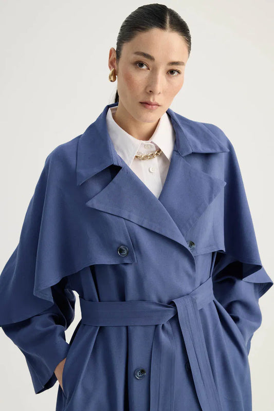 Pelerinli Yarım Trençkot (İndigo)