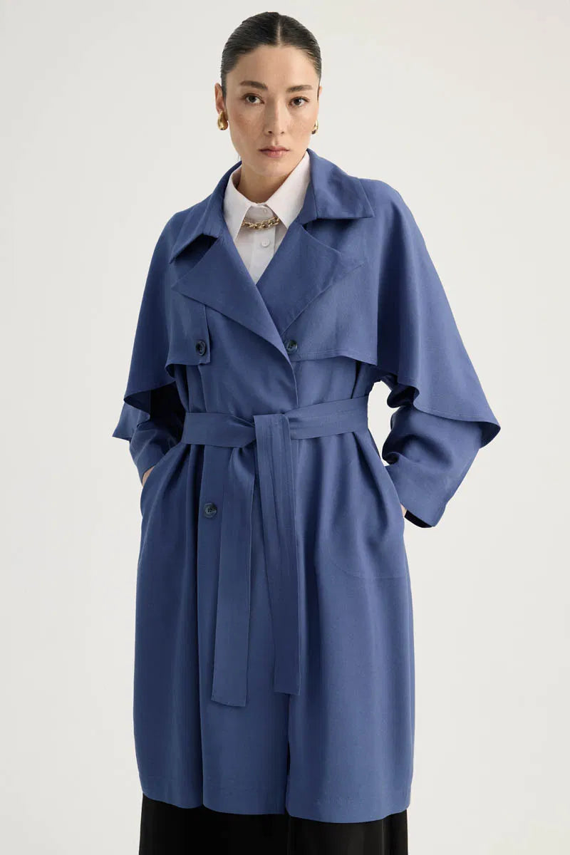 Pelerinli Yarım Trençkot (İndigo)