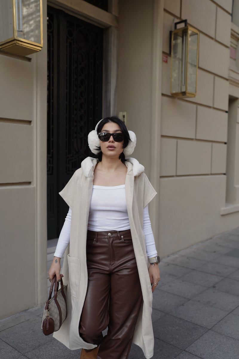 FUR DETAİLED OVERSİZE CASHMERE VEST (BEIGE)