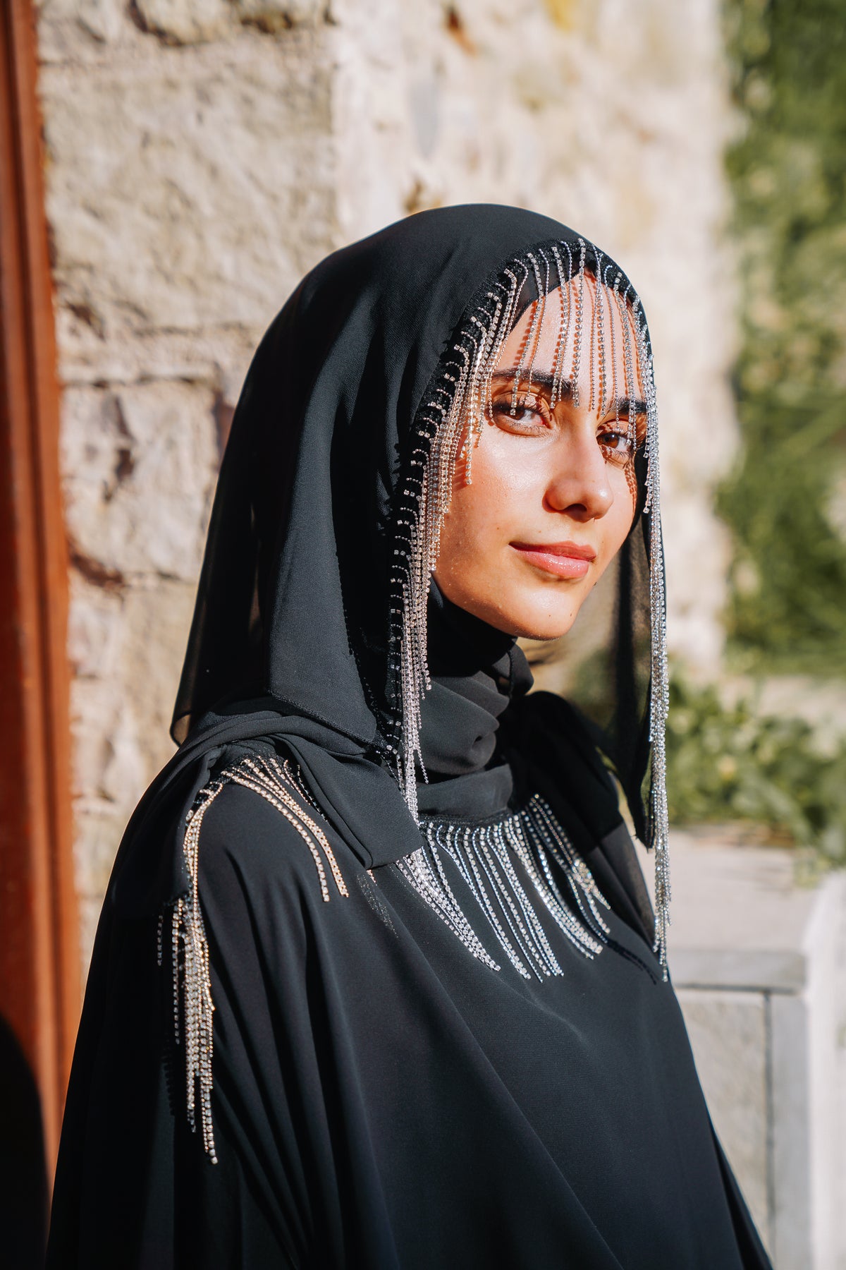 Crystal-Striped Abaya Set
