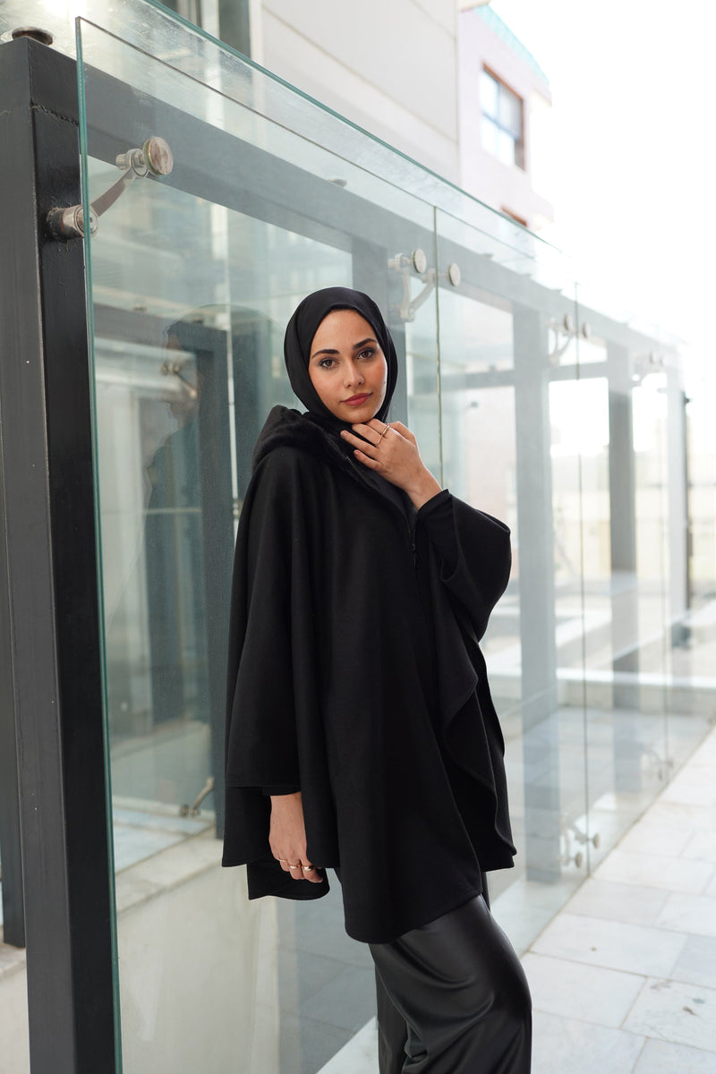 FUR HOODED CACHET PONCHO