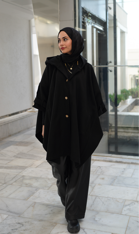 Düğme Detaylı Yün Karışımlı Ponço