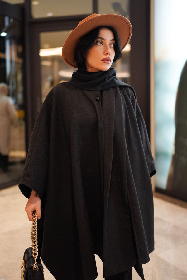 BLACK PONCHO WITH SELF-SCARF