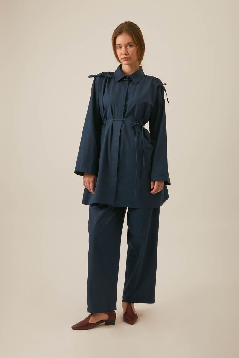 Shoulder-Gathered Detail Trouser Set – Navy