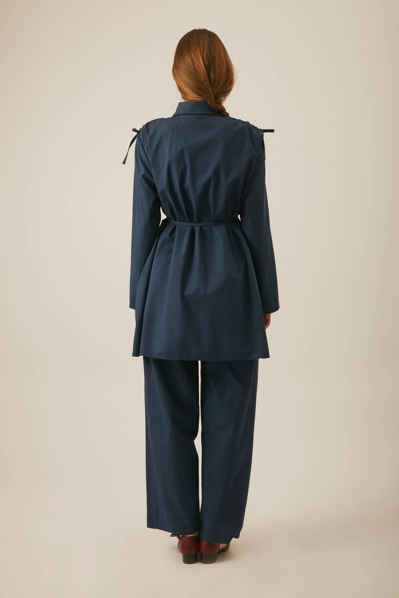 Shoulder-Gathered Detail Trouser Set – Navy