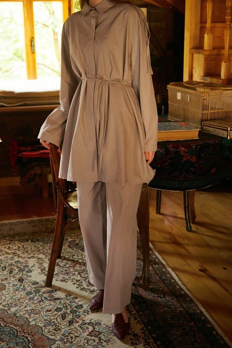 Shoulder-Gathered Detail Trouser Set – Fawn