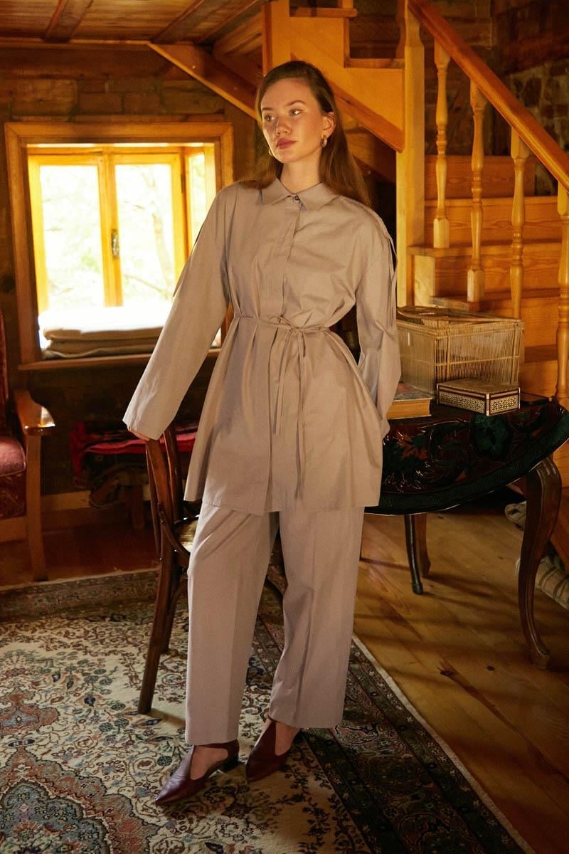 Shoulder-Gathered Detail Trouser Set – Fawn